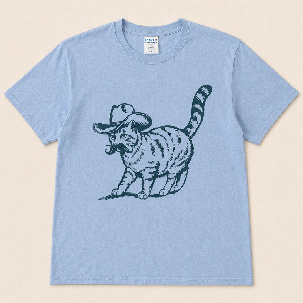 Port & Company Light Blue Cowboy Cat Mustache Graphic T-Shirt Womens L Kitty